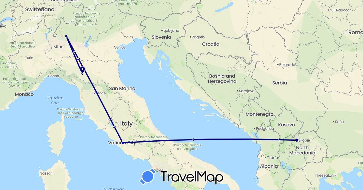 TravelMap itinerary: driving in Italy, Macedonia (Europe)